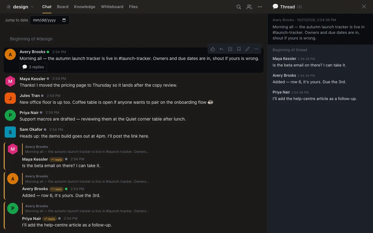 The #design channel with messages from five teammates, each with their own avatar shape and colour, and a thread panel open on the right with three replies.