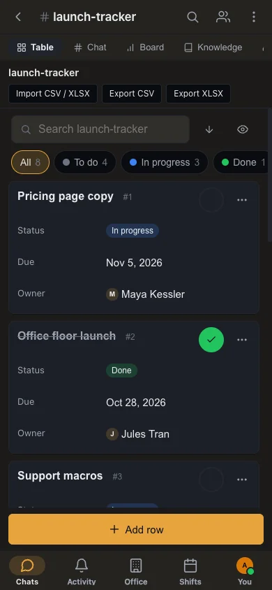 The launch-tracker Table on a phone: a search box, status filter chips with counts (All 8, To do 4, In progress 3, Done 1) and rows shown as cards with status, due date and owner, plus an Add row button above the bottom tabs.